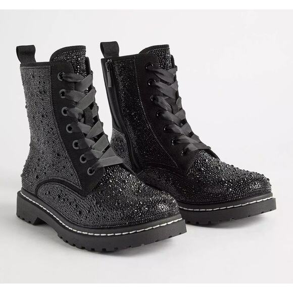 Torrid‎ 9WW Black Embellished Rhinestone Sparkle Combat Boots Booties Punk New - Picture 2 of 4